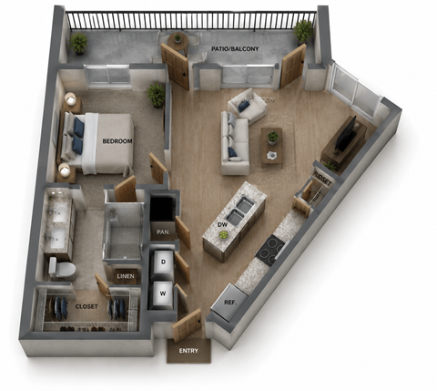Floor plan for 1 bed, 1 bath, 858 sqft
